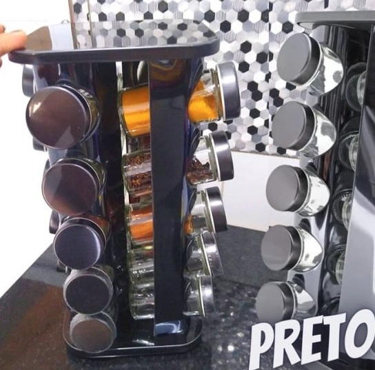 Porta Temperos Condimentos Arredondado Aço Inox 20 Potes (preto)
