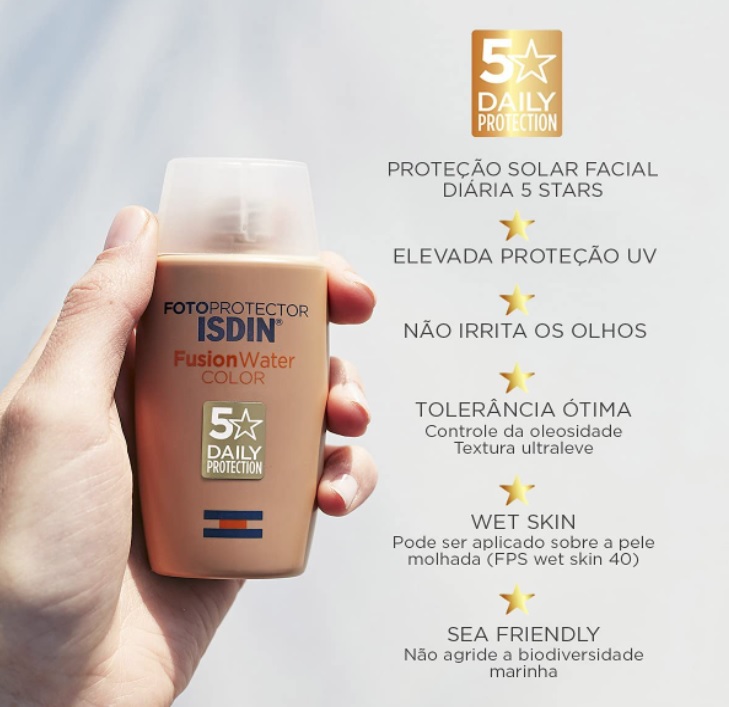 Protetor Solar Facial ISDIN Fusion Water 5 Stars c/ Cor FPS 50 – 50ml, ISDIN
