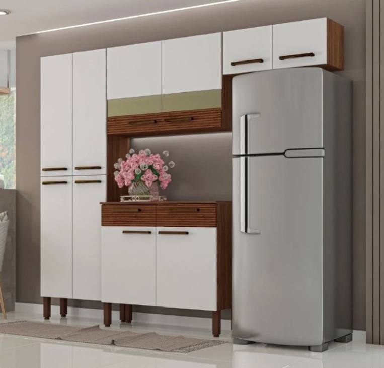 Armário de Cozinha Completa Nala 4 Peças 10 Portas 2 Gavetas Ripado / Nogueira / Off White