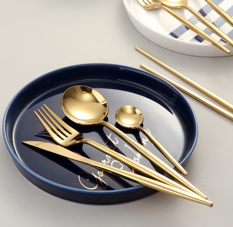 Conjunto De Talheres Aço Inoxidável 24pcs Com Colher Garfo Faca e Colher de Café (Dourado 24pcs)