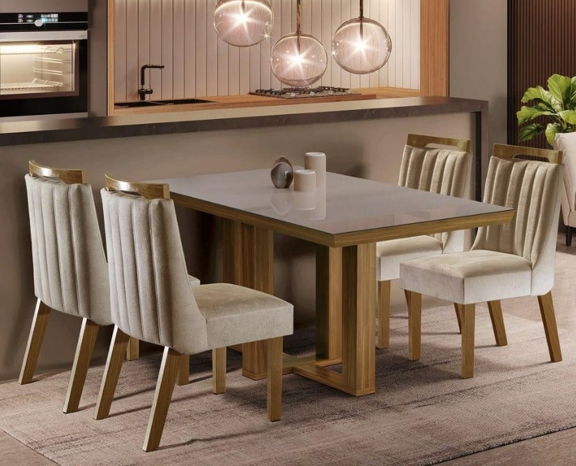 Conjunto Sala de Jantar Mesa Tampo MDF e Vidro e 4 Cadeiras Lottus
