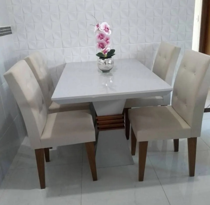 Conjunto Sala de Jantar Mesa e 4 Cadeiras Santorini Espresso Móveis Veludo Creme/Off White/Imbuia
