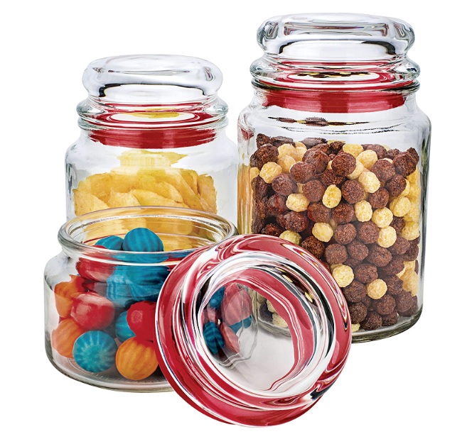 Conjunto com 3 Potes Multiuso de Vidro, com tampa Herméticas, Vermelho, VDR1129-VM, Euro Home