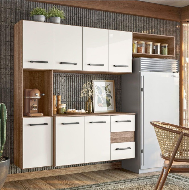 Cozinha Compacta Suspensa 07 Portas 02 Gavetas Juliete Carvalho Rústico/Off White Cristal Nicioli
