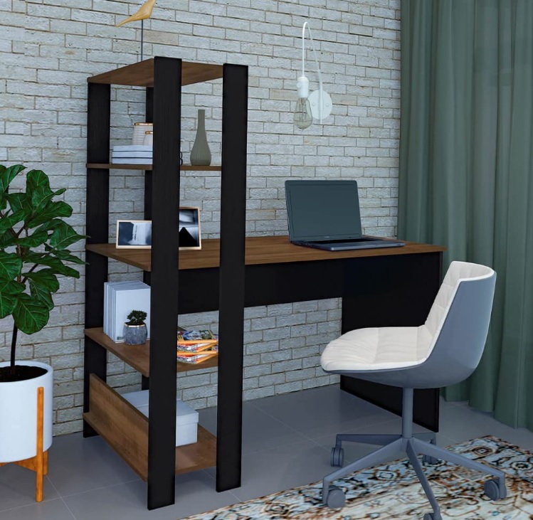 Escrivaninha com Estante Lateral MATCH cor Preto/Pinho – Artely