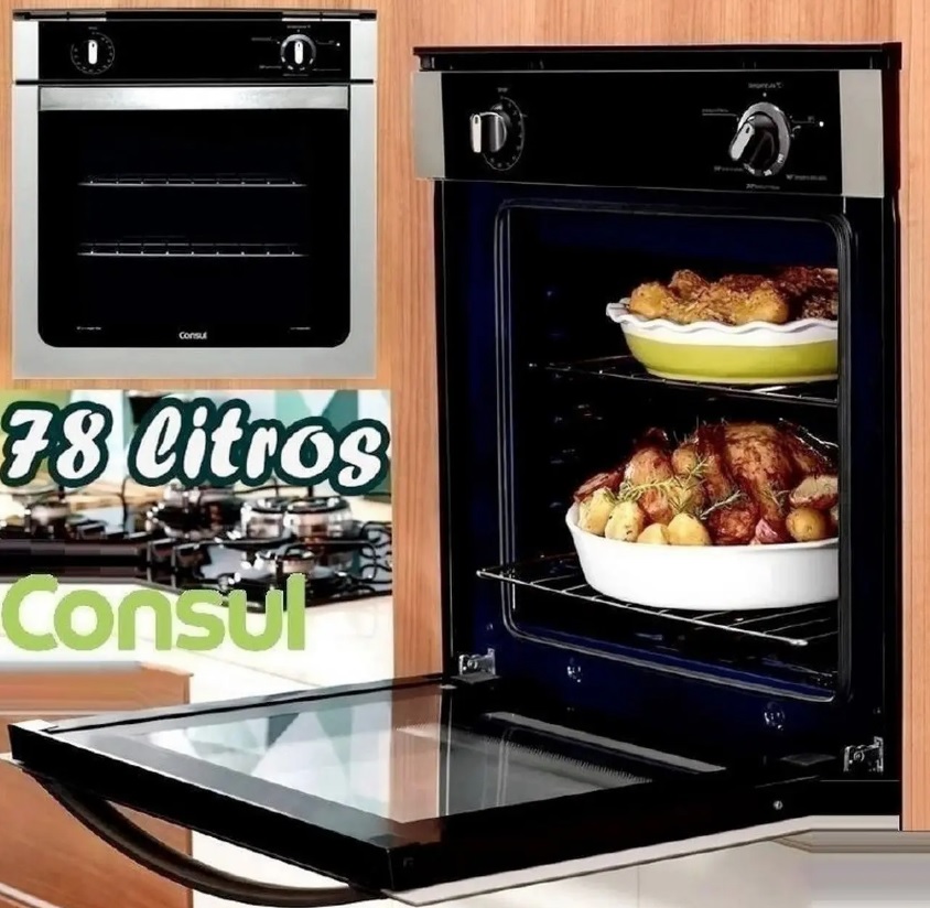 Forno a Gás de Embutir Consul Grill Autolimpante – com Timer 78L Preto e Prata COA84 BR