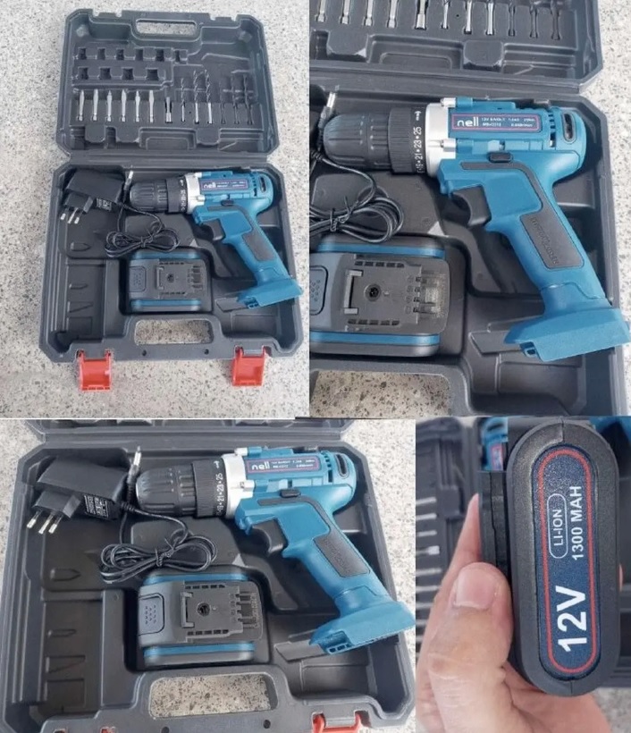 Furadeira e Parafusadeira a Bateria Nell 12V – Velocidade Variável 3/8” com Maleta + 13 Peças