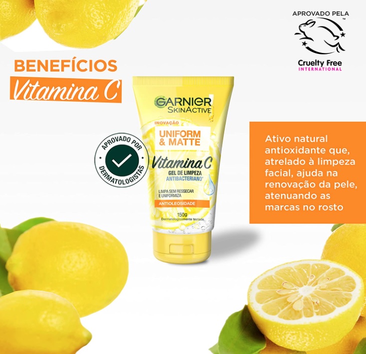 Gel de Limpeza Facial Antibacteriano Garnier Uniform & Matte Vitamina C, 150ml, Incolor