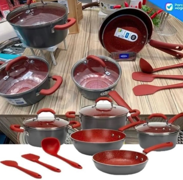 Jogo de Panelas Brinox Revestimento Cerâmico – de Alumínio Vermelho e Cinza 8 Peças Select Marble
