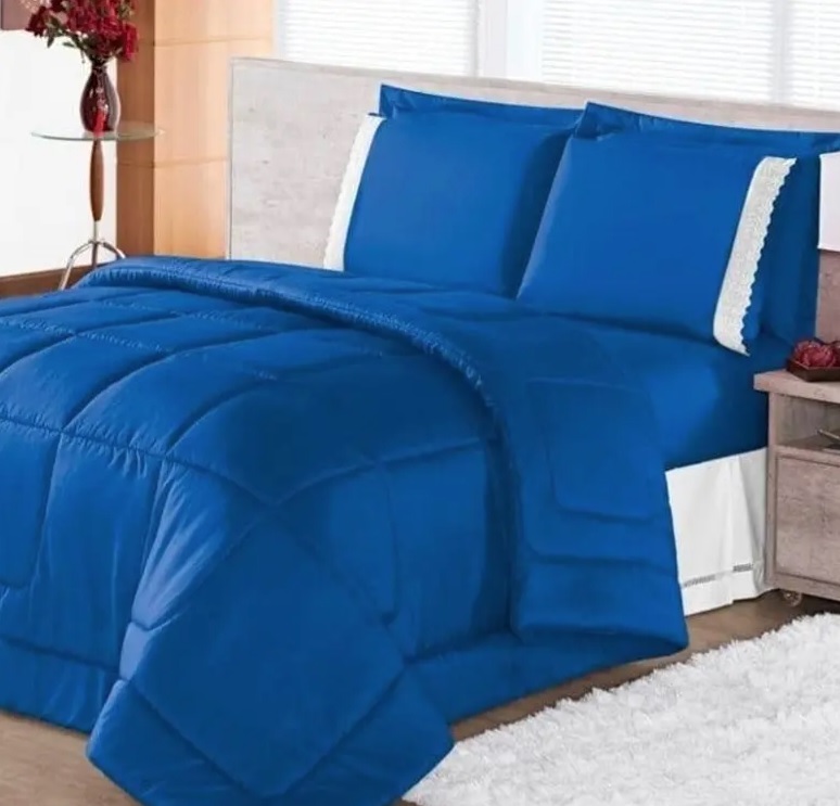 Kit Edredom Casal Queen Dupla Face 03 Peças Azul Royal