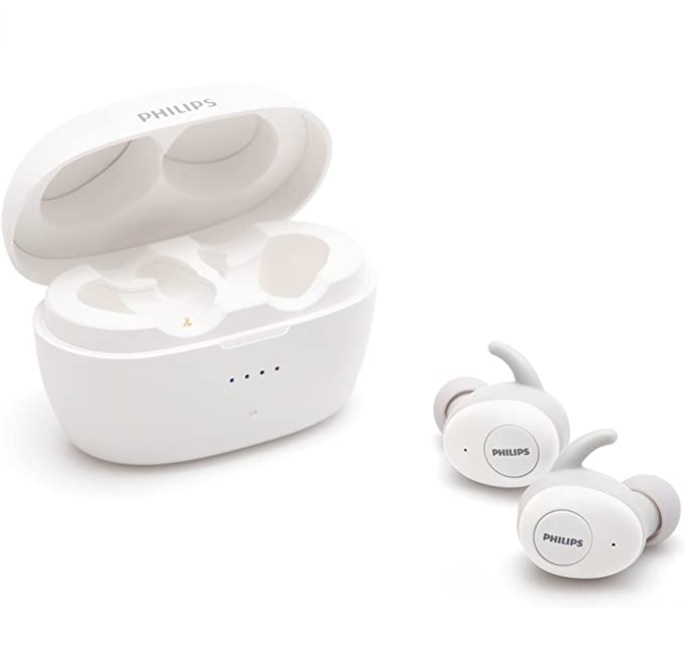 PHILIPS Fone de ouvido sem fio TWS bluetooth com microfone, gancho de fixação e energia para 20 horas totais na cor branco SHB2505WT/10, Pequeno