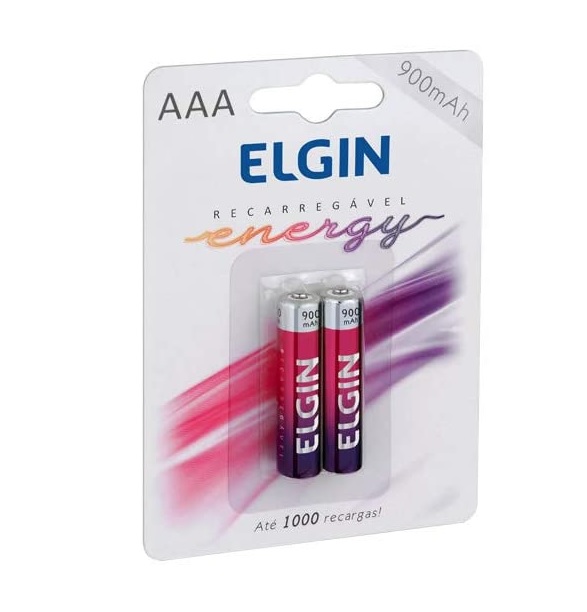 Pilha Recarregável Ni-MH AAA-900mAh blister com 2 pilhas, Elgin, Baterias