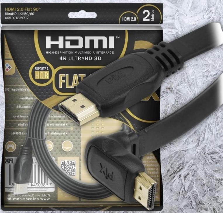 Cabo Hdmi 2.0 90 Graus 4K Hdr 19P 2M Pix Flat Gold, Preto