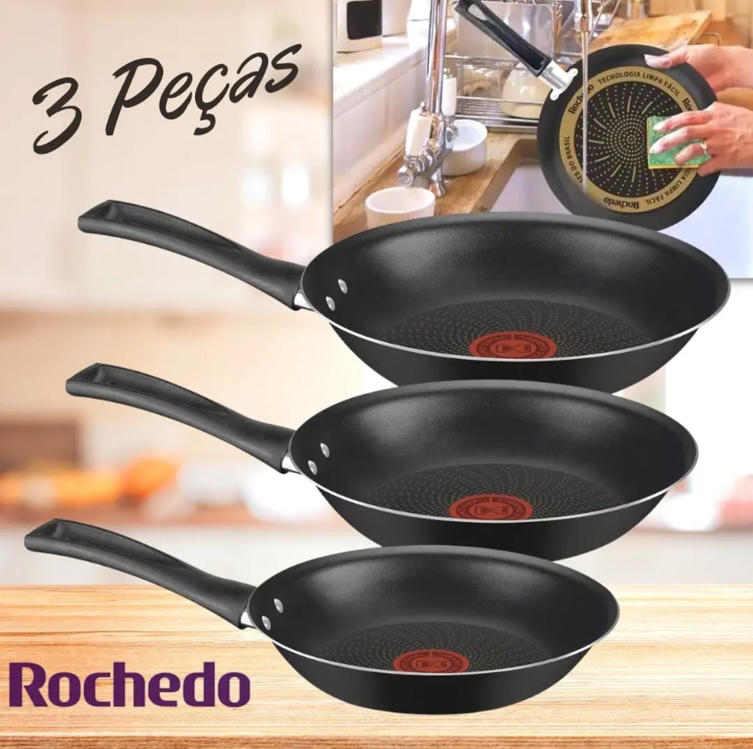 Conjunto de Frigideiras Antiaderente Rochedo – de Alumínio Limpa Fácil Preto 3 Peças
