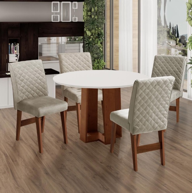 Conjunto de Mesa Sala de Jantar 4 cadeiras Redonda 1,03m Athenas Cedro/Areia