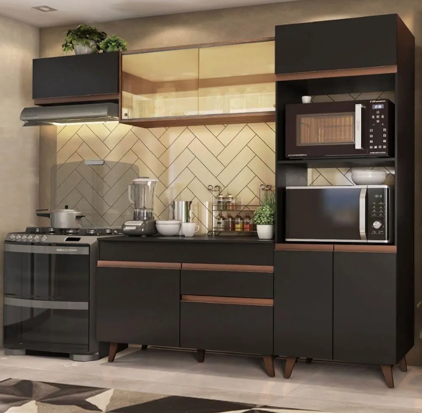 Cozinha Completa Madesa Reims XA260001 com Armário e Balcão – Preto/Rustic