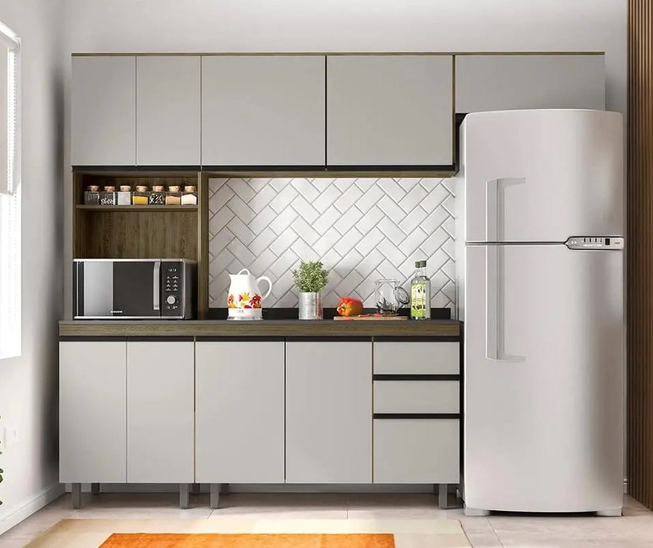 Cozinha Completa Phormatta Domy com 9 Portas, 4 Prateleiras e 3 Gavetas – Buriti/Off White