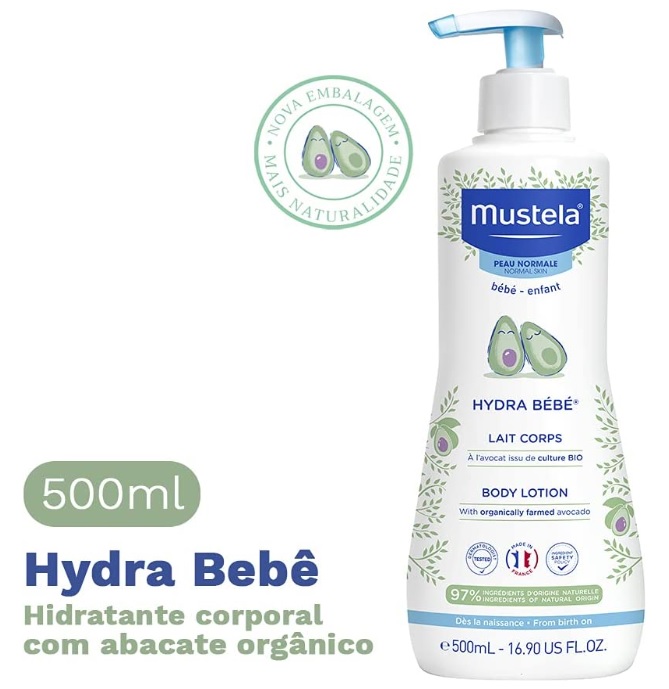 Hydra Bebê com Abacate Orgânico Mustela, Hidratante Corporal Infantil, 97% de Ingredientes de Origem Natural, 500Ml, Mustela Bebê, 500 Ml