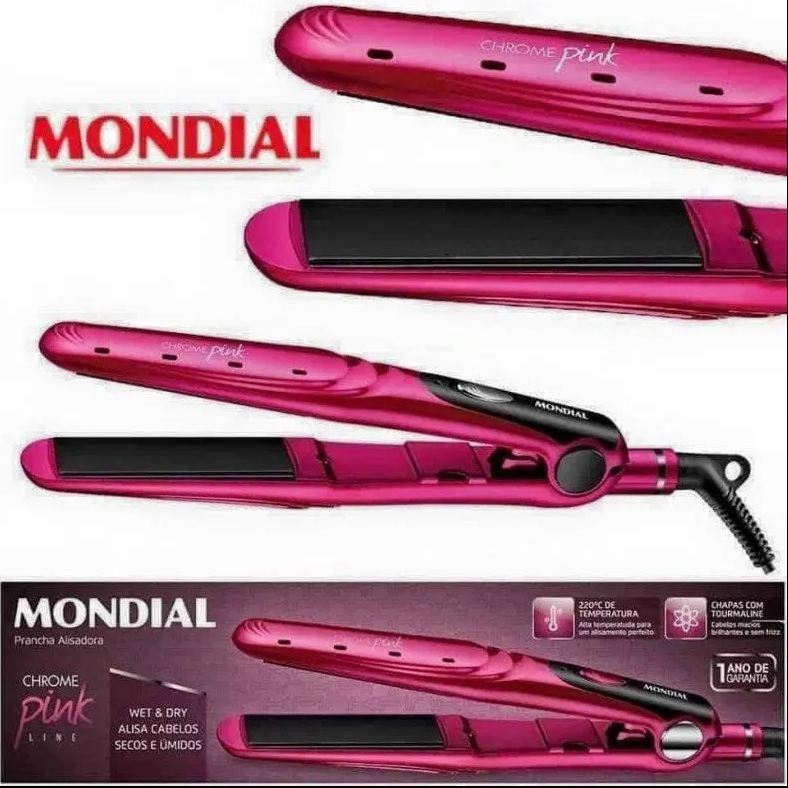 Chapinha/Prancha de Cabelo Mondial Chrome – Pink P-19 com Íons 220C