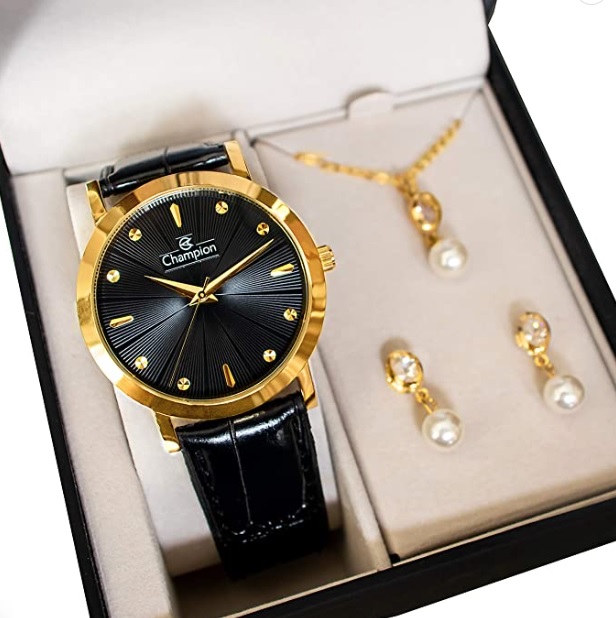 Relógio Feminino Champion Analógico Couro Preto CN20622K + Kit Colar e Brincos