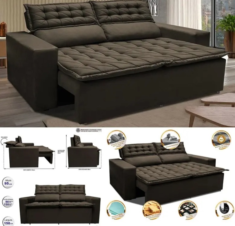 Sofá Retrátil e Reclinável Cama inBox Slim 1,50m Tecido Suede Velusoft Café