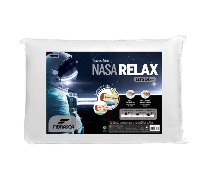 Travesseiro Fibrasca Poliuretano e Poliéster Nasa Alto Relax 59 x 39 cm – Branco