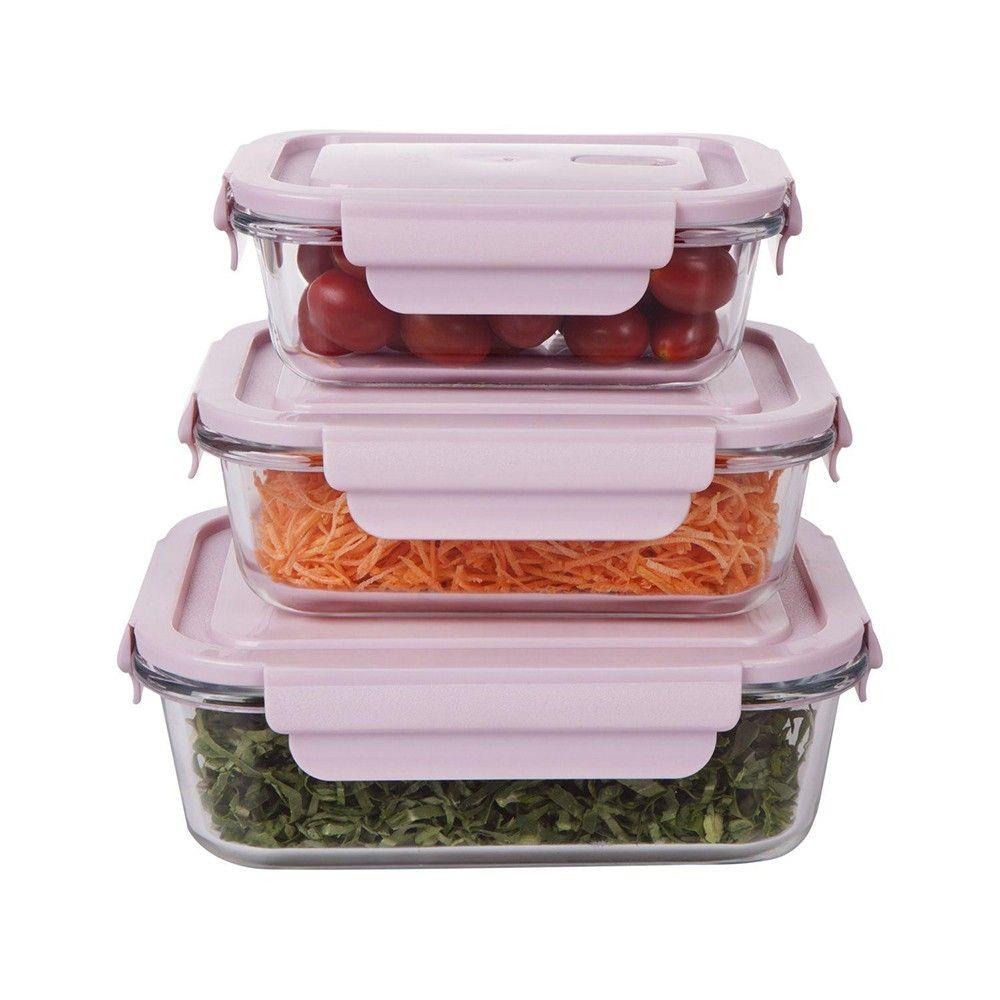 Conjunto De Potes De Vidro Hermético 3pçs Rosa – JGTI043