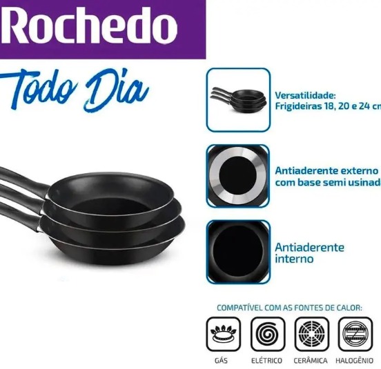 Conjunto de Frigideiras Rochedo Todo Dia 18cm, 20cm e 24cm