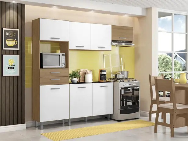 Kit Cozinha Poliman Móveis Lia com Balcão – Nicho para Micro-ondas 7 Portas 2 Gavetas