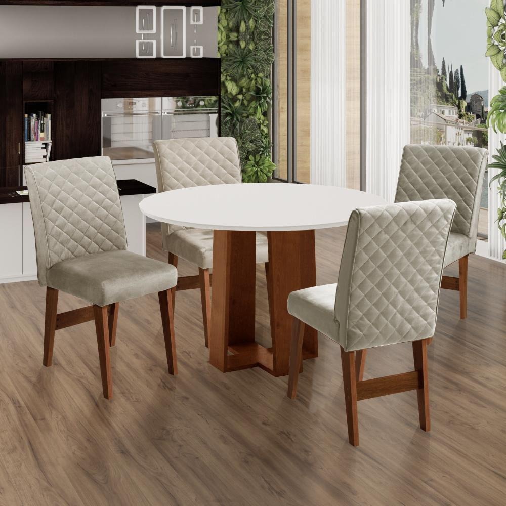 Conjunto de Mesa Sala de Jantar 4 cadeiras Redonda 1,03m Athenas Cedro/Areia