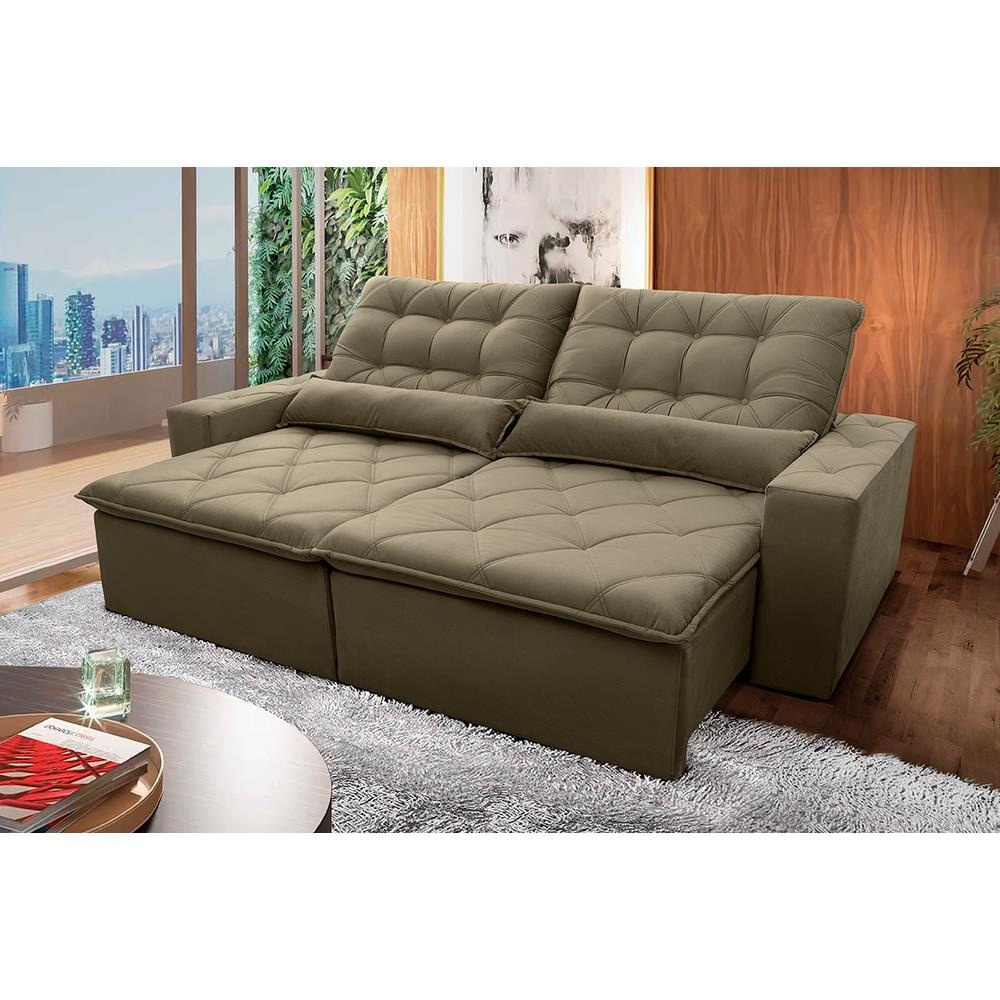 Sofá Retrátil/Reclinável Islândia 2,50m Suede Velut Bege c/ Molas no Assento – King House Bege