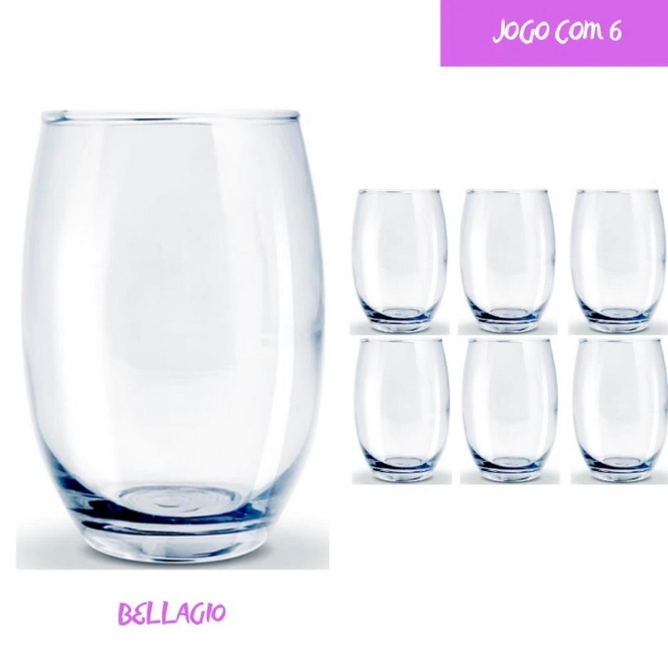 6 Copo Vidro Bellagio Redondo 450ml Grande Mesa Transparente
