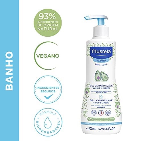 Gel Lavante Sabonete Líquido Hipoalergênico Corpo e Cabelo, Mustela Bebê, Azul, 500Ml