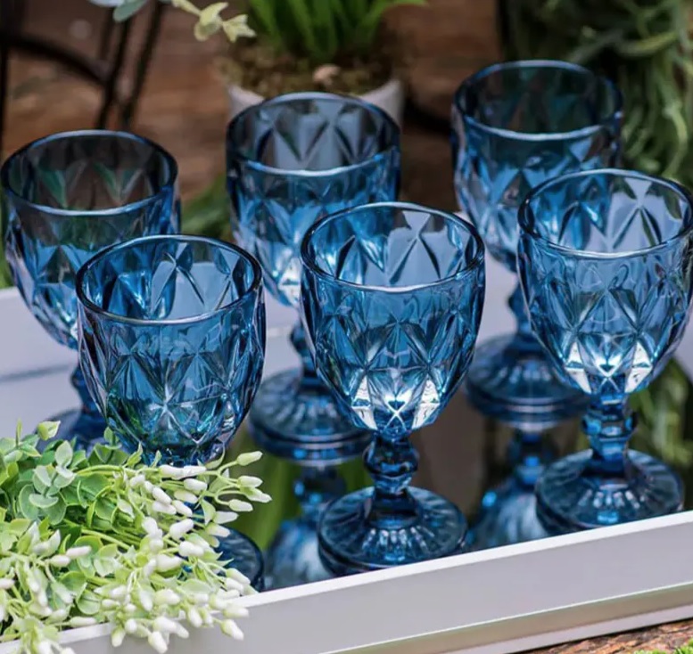 Jogo Copo Taça Vidro Diamante Azul Para Agua 300ml – 6Un