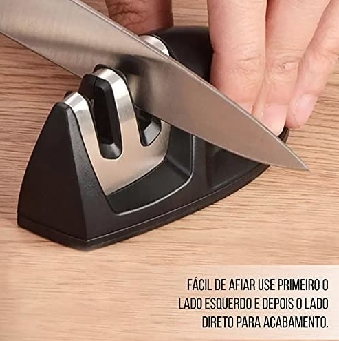 Mimo Style Amolador de Facas Manual, Material de Aço Inox e Plástico Emborrachado de Ótima Qualidade, Leve e Fácil de Manejar, Formato Ergonômico e Prático, Possui Dois Encaixes (Amolar e Afiar)