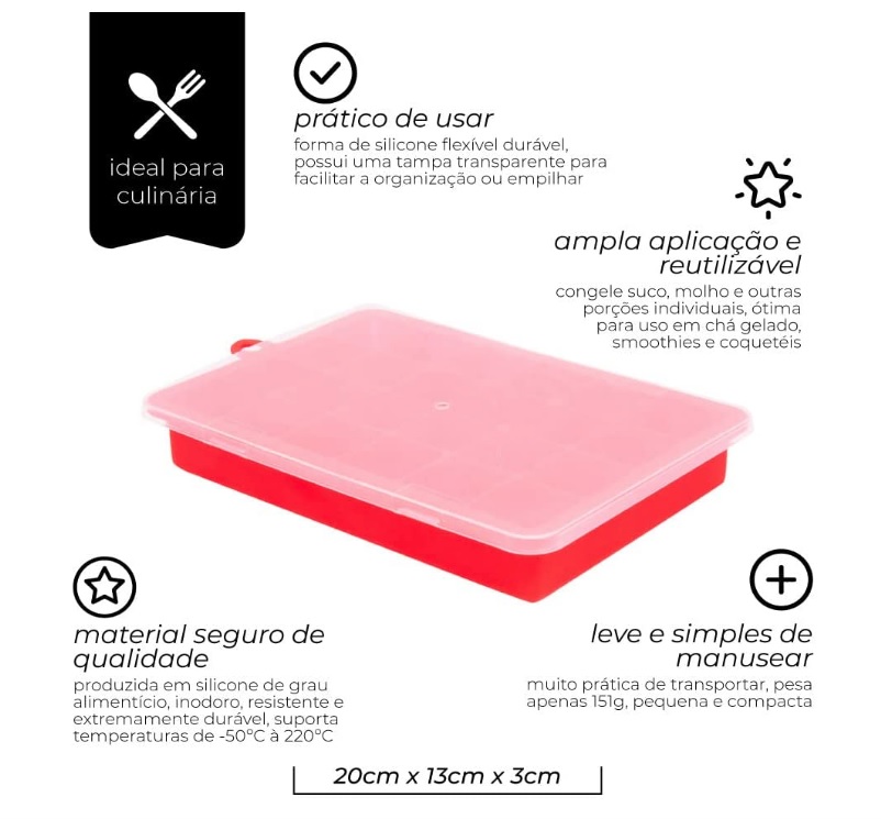 Mimo Style Forma Para Gelo com Tampa 20cm Vermelho Com 24 Moldes de Cubos