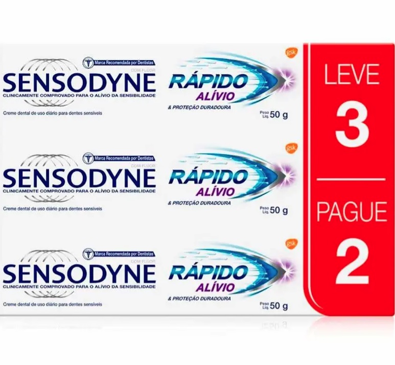 Sensodyne Rápido Alívio Creme Dental para Dentes Sensíveis, Kit Leve 3 Pague 2, 50g cada