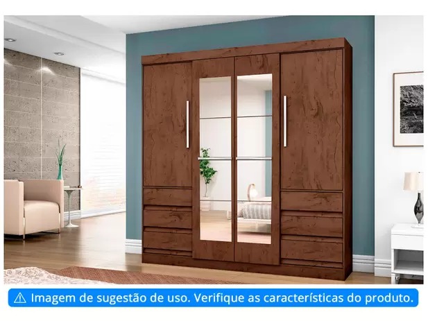 Guarda-roupa Casal com Espelho 4 Portas 6 Gavetas – Araplac Sofia