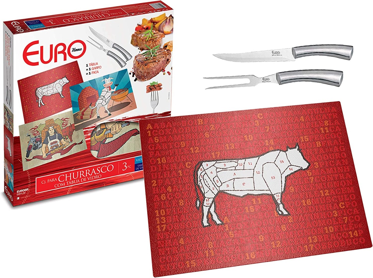Conjunto para Churrasco com Tábua de Vidro 3 Peças, Euro, Estampa Home