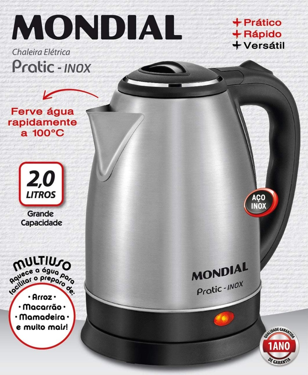 Chaleira Elétrica Mondial, Pratic Inox, 127V, Preto, 2L, 1200W – CE-06