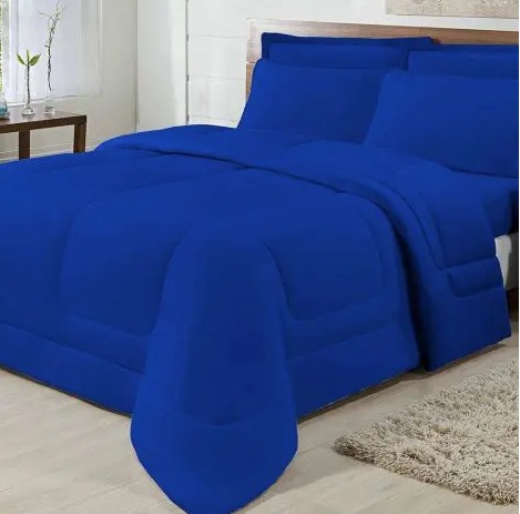 Kit Edredom Casal Queen Dupla Face 03 Peças Azul Royal