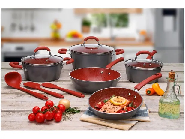 Jogo de Panelas Brinox Revestimento Cerâmico – de Alumínio Vermelho e Cinza 8 Peças Select Marble