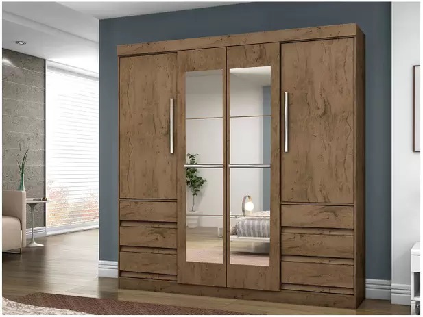 Guarda-roupa Casal com Espelho 4 Portas 6 Gavetas – Araplac Sofia