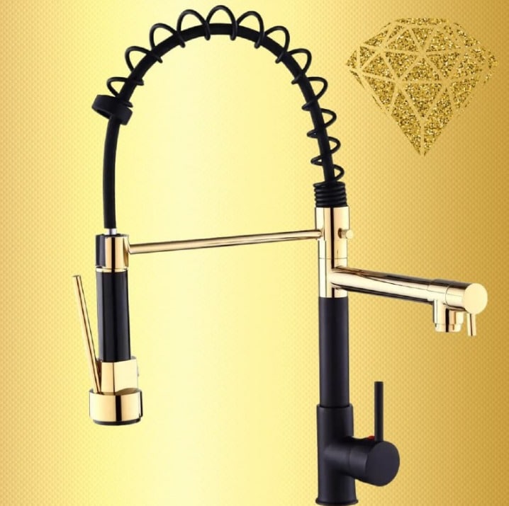 Torneira para Cozinha Gourmet de Mesa Dupla Saída – Monocomando Nell YL-03 Preta e Dourada