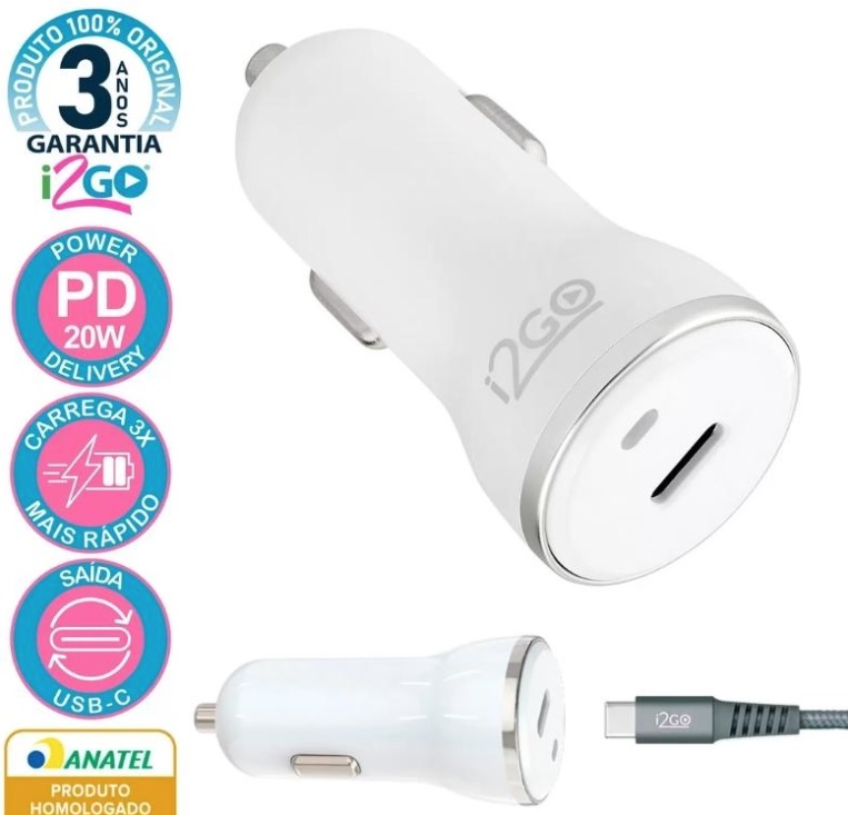 Carregador Veicular Ultra Rápido 20W Com 1 Saída USB-C Power Delivery I2GO – I2GO PRO Branco