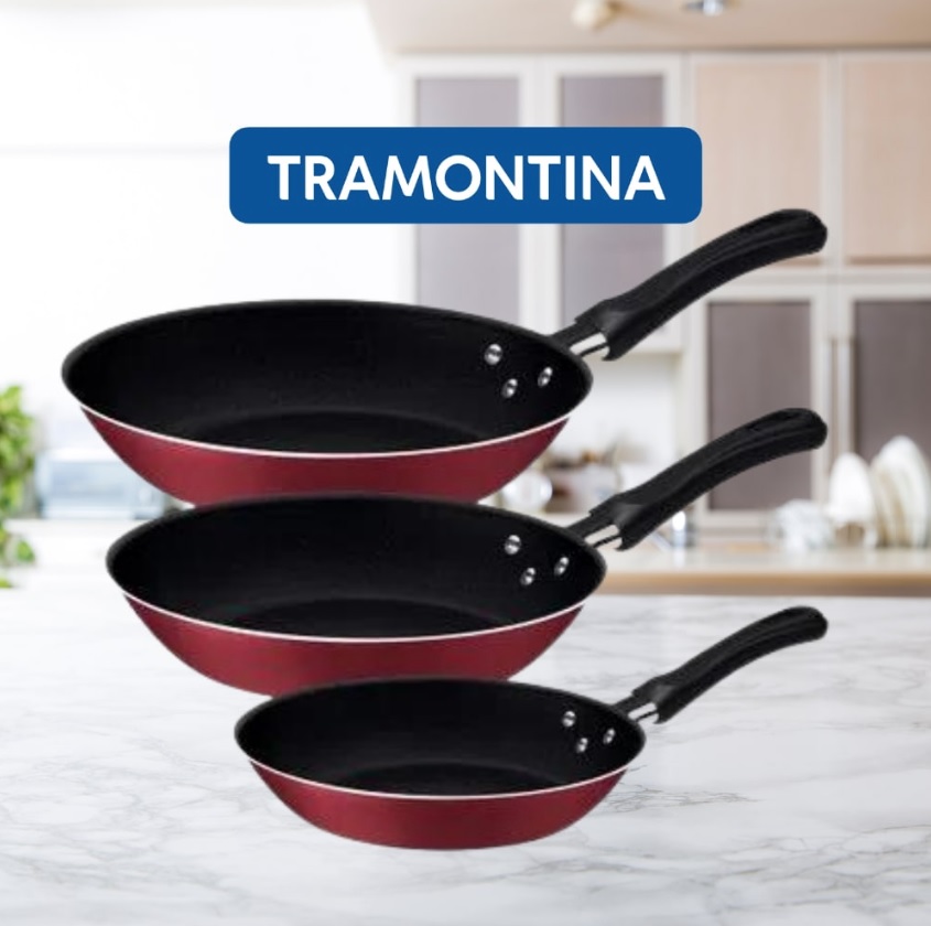 Conjunto de Frigideiras Antiaderente Tramontina – de Alumínio Caribe Preto e Vermelho 3 Peças