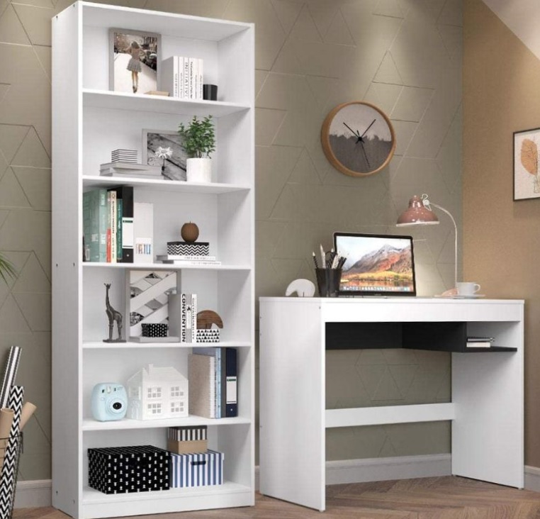 Escrivaninha Madesa Rubi + Estante Livreiro 6908 – Branco