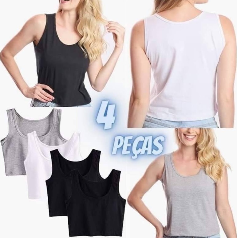 Kit 4 Blusas Cropped Blusinha Feminina Tshirt Regata Basic Fashion
