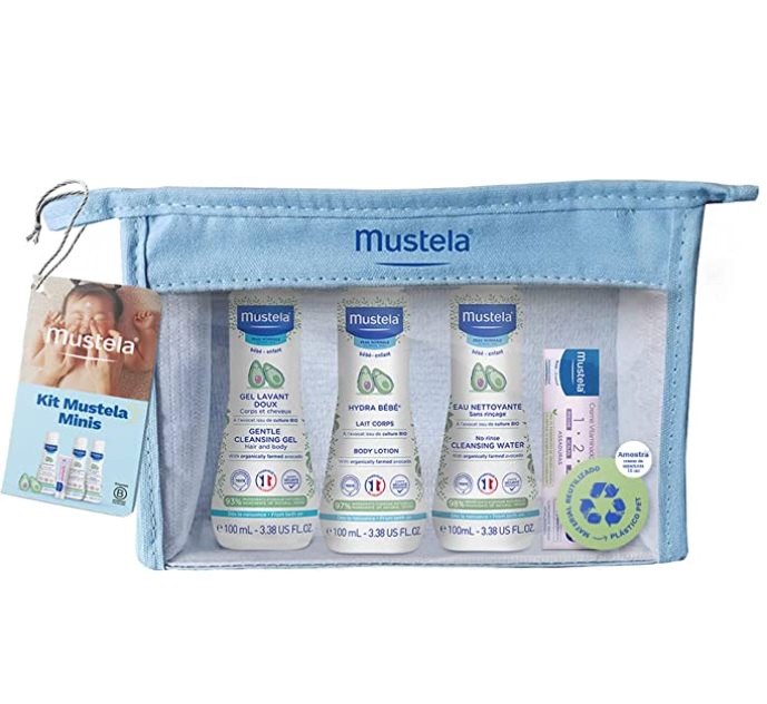 Kit Minis Mustela Bebê e Criança (Água de Limpeza + Hydra Bebê + Gel Lavante + Creme Vitaminado Preventivo de Assaduras) Edição limitada, Tamanho prático para levar para qualquer lugar, Mustela Bebê