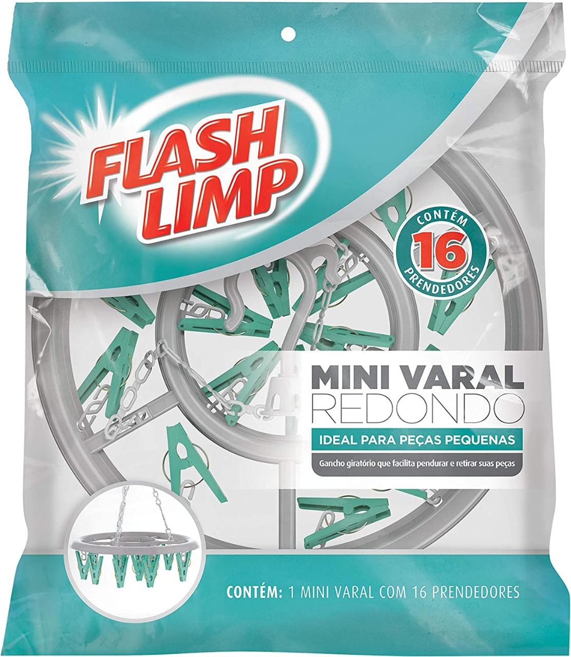 Mini Varal Redondo com 16 Prendedores na Verde, LAV6810, Flash Limp